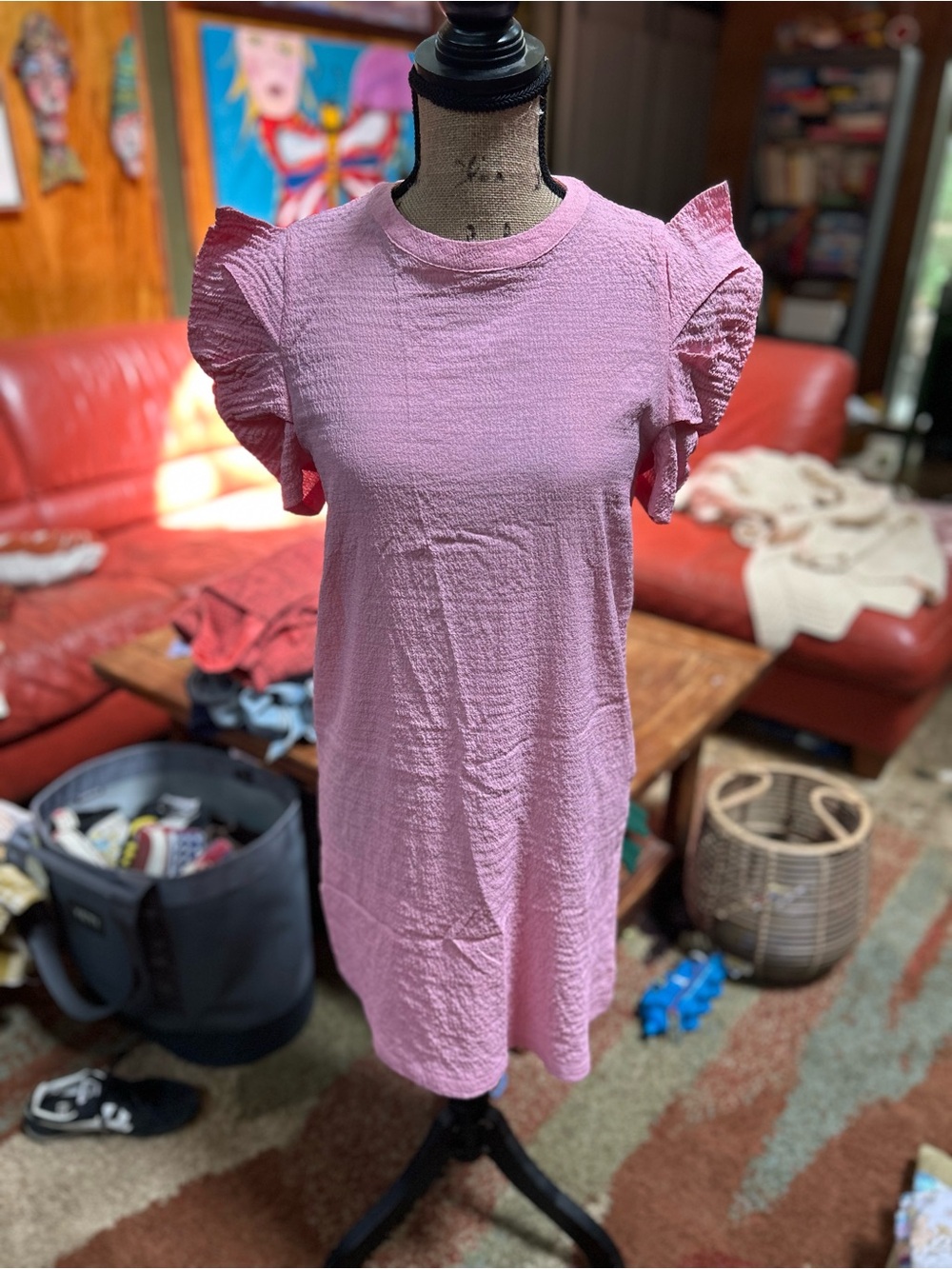 Women’s Pink Ruffle Sleeve Textured Shift Dress